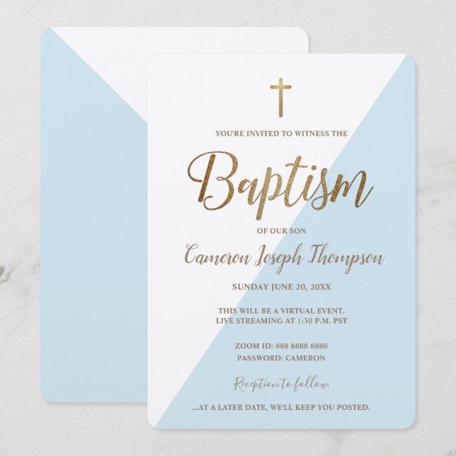 Simple Blue White Gold Cross Virtual Baptism Invitation (Front/Back)