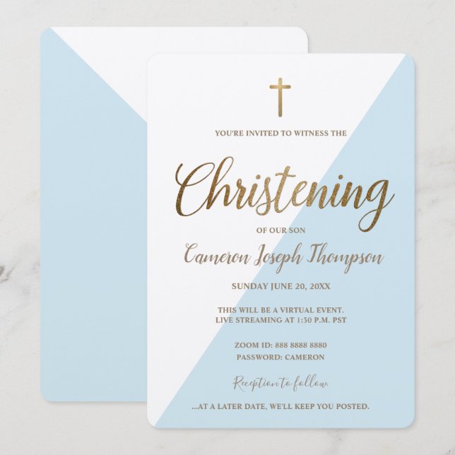 Simple Blue White Gold Cross Virtual Christening Invitation (Front/Back)