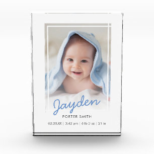 Simple Blue White Gradient Baby Birth Keepsake Photo Block