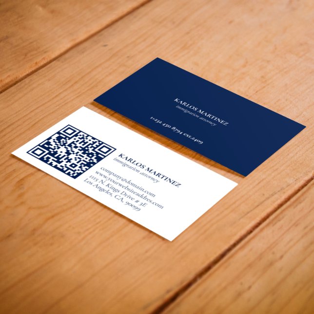 Simple Blue & White Immigration Attorney QR code B Business Card (Creator Uploaded)