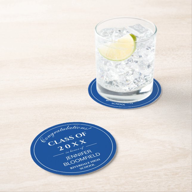 Simple Blue & White Modern 2025 Graduation  Round Paper Coaster (Insitu)