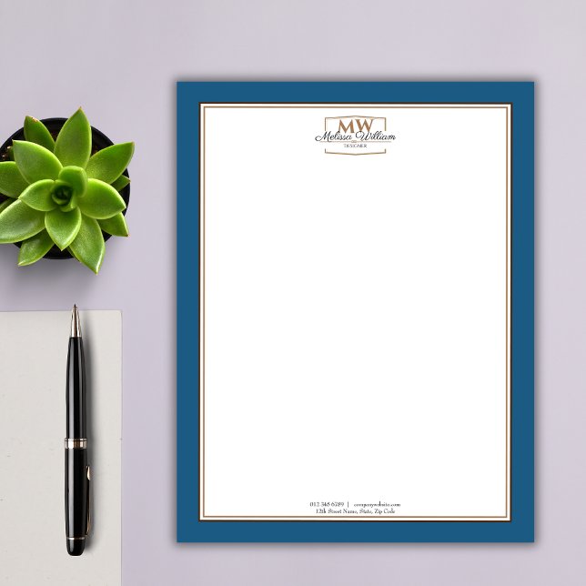 Simple Blue White Monogram Business Custom Letterhead (Creator Uploaded)