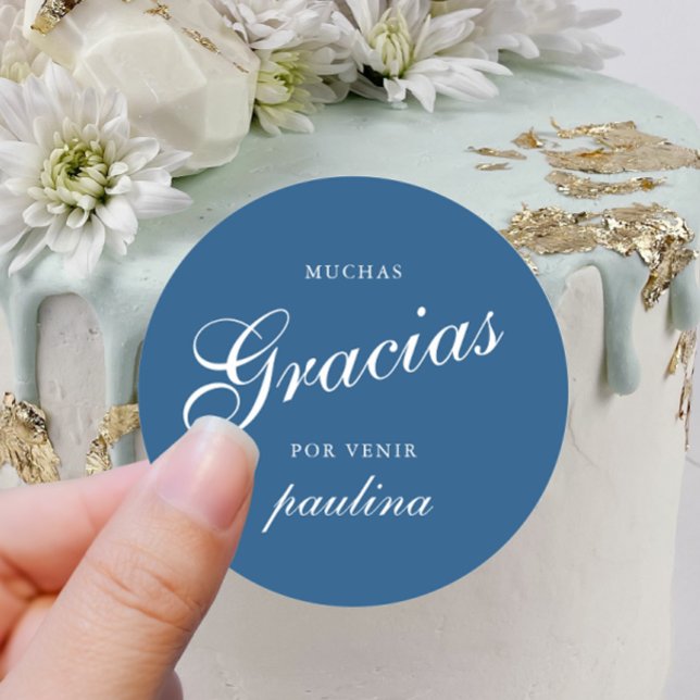 Simple Blue White Quinceañera Gracias Script Name Classic Round Sticker (Creator Uploaded)