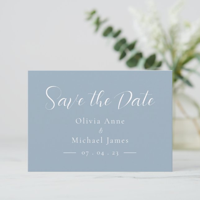Simple Blue & White Script Wedding Save the Date (Standing Front)