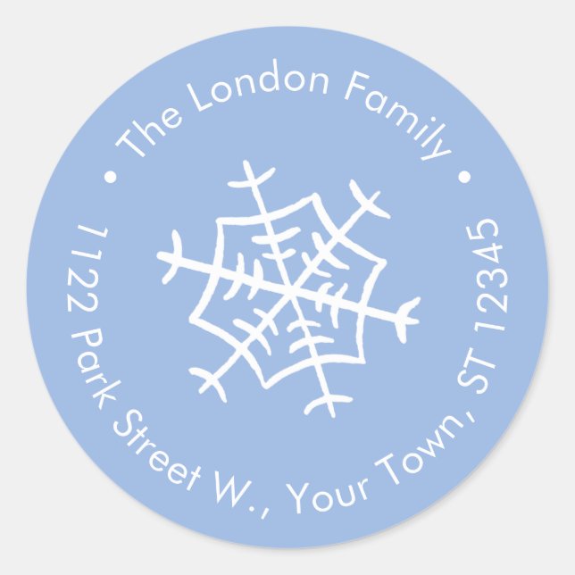 Simple Blue White Snowflake Return Address Classic Round Sticker (Front)