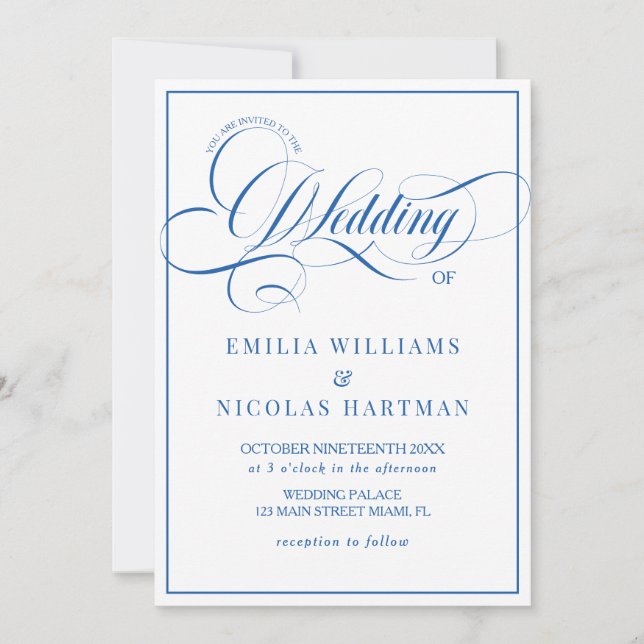 Simple Blue White Wedding All In One Invitation (Front)