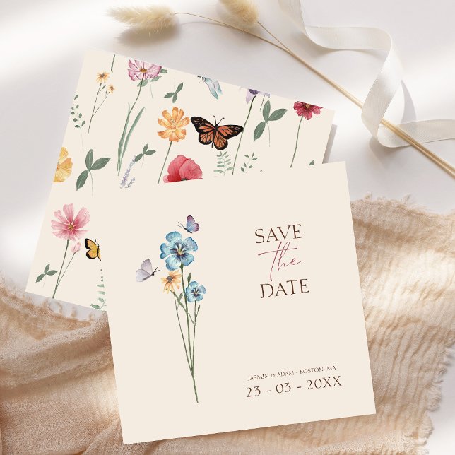 Simple Blue Wildflower Butterflies Floral Wedding Save The Date (Simple Blue Wildflower Butterflies Floral Wedding Save The Date)
