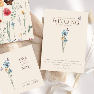 Simple Blue Wildflower Butterfly Floral Wedding Invitation