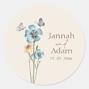 Simple Blue Wildflower Butterfly Romantic Wedding Classic Round Sticker