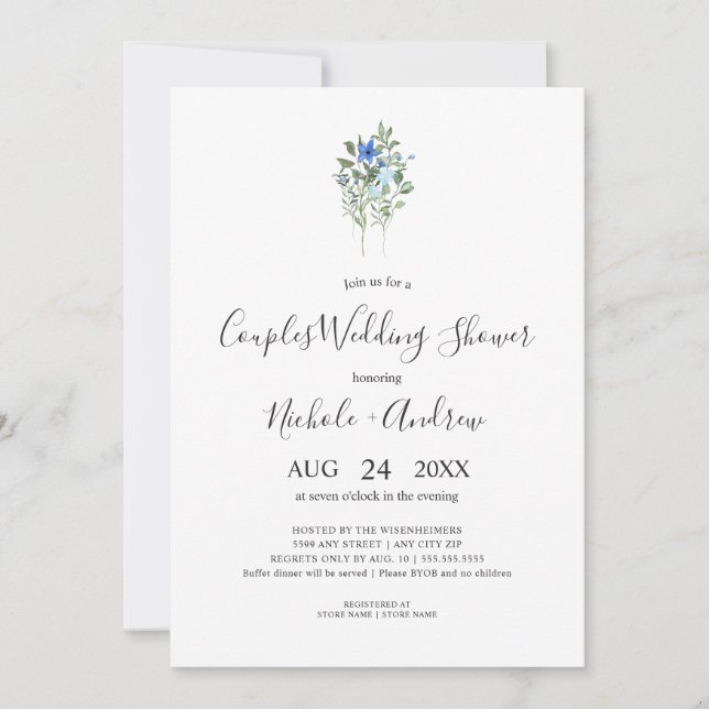 Simple Blue Wildflower Couples Wedding Shower Invitation (Front)