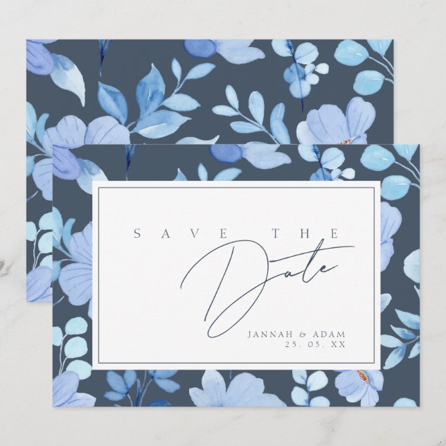 Simple Blue Wildflower Wedding Save The Date (Front/Back)