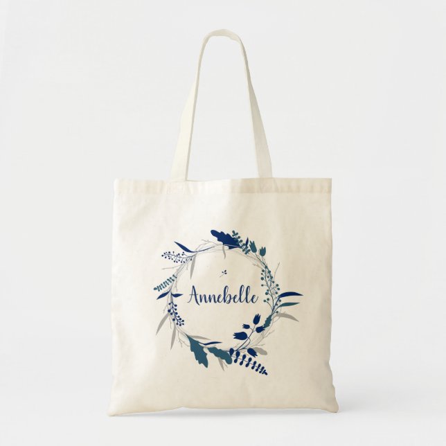 Simple Blue Winter Wedding Wreath Personalise Tote Bag (Front)
