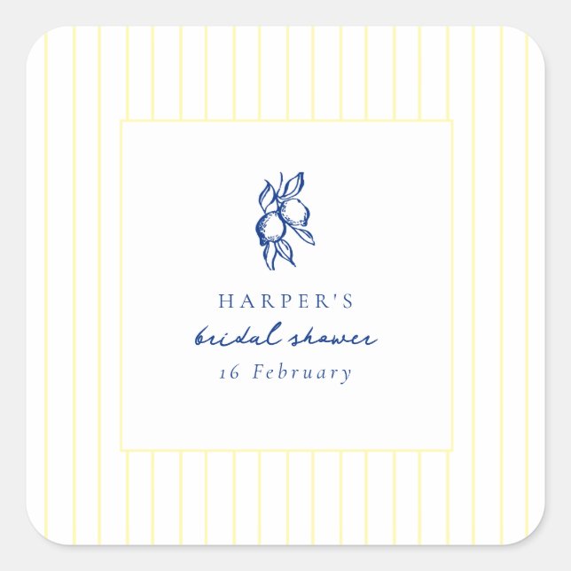 Simple Blue & Yellow Lemons Bridal Shower Favor Square Sticker (Front)