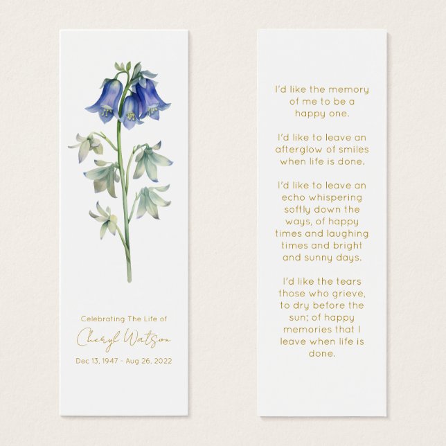 Simple Bluebell Funeral Memorial Bookmark (Front & Back)