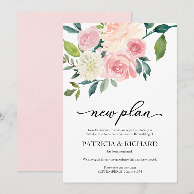 Simple Blush Floral New Plan Wedding Postponement Invitation (Front/Back)