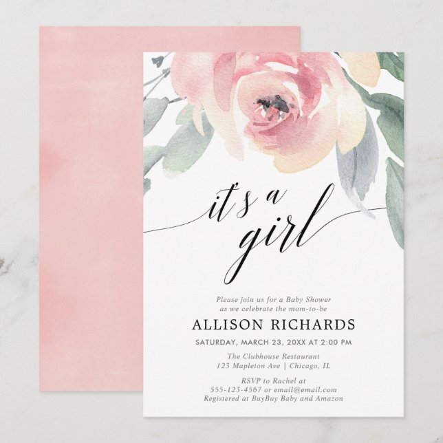 Simple blush floral watercolor girl baby shower invitation (Front/Back)
