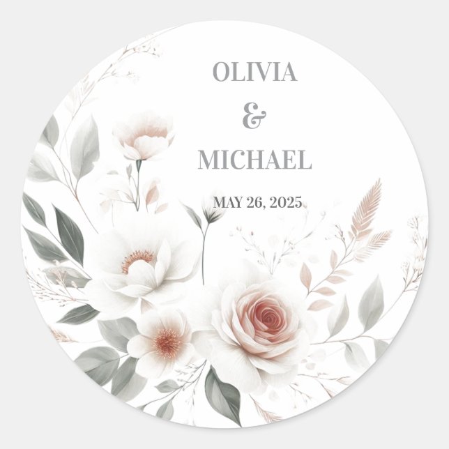 Simple Blush Floral Wedding Classic Round Sticker (Front)