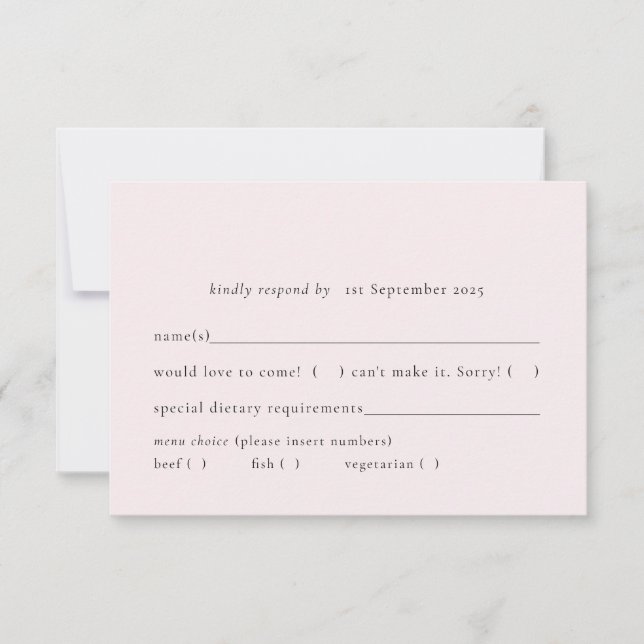 Simple Blush Pale Light Pink Solid Meal Choice RSVP Card (Front)