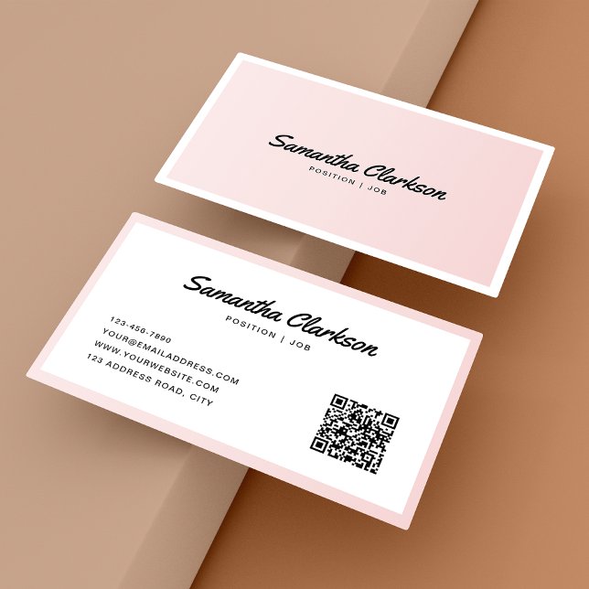 Simple Blush Pink Border Script Typography QR code Business Card (Creator Uploaded)