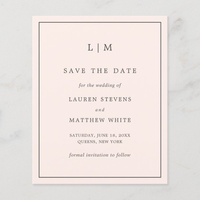 Simple Blush Pink Budget Wedding Save the Date (Front)