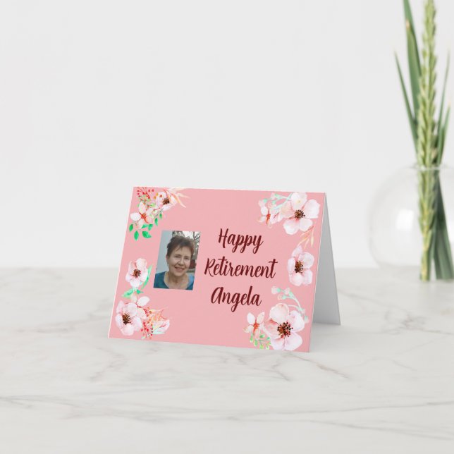 Simple Blush Pink Floral Happy Retirement Photo Card (Front)