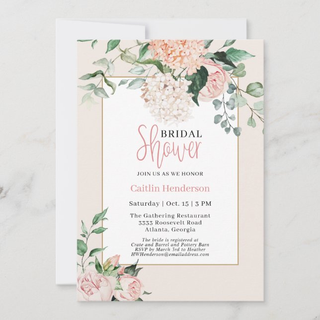 Simple Blush Pink Floral Hydrangea Bridal Shower Invitation (Front)