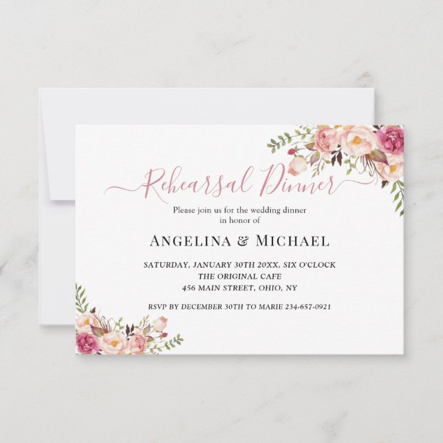 Simple Blush Pink Floral Wedding Rehearsal Dinner Invitation (Front)