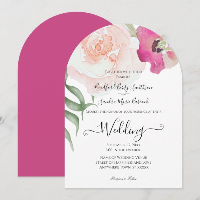 Simple Blush Pink Fushia Floral Wedding invitation (Front/Back)