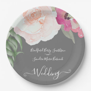 Simple Blush Pink Fushia Floral Wedding  Paper Plate