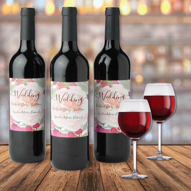 Simple Blush Pink Fushia Floral Wedding  Wine Label (Creator Uploaded)