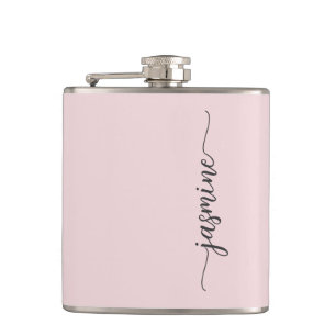 Simple Blush Pink Girly Monogram Name Signature Fl Hip Flask