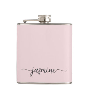 Simple Blush Pink Girly Monogram Name Signature Hip Flask
