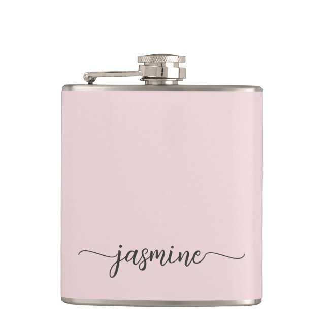 Simple Blush Pink Girly Monogram Name Signature Hip Flask (Front)