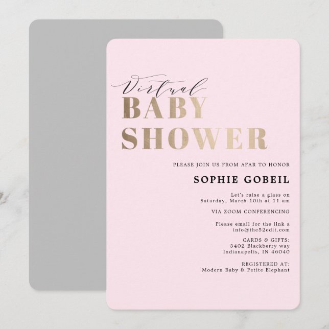 Simple Blush Pink & Gold VIRTUTAL Baby Shower Invitation (Front/Back)