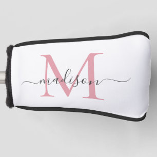 Simple Blush Pink Grey Monogram Feminine Script Golf Head Cover