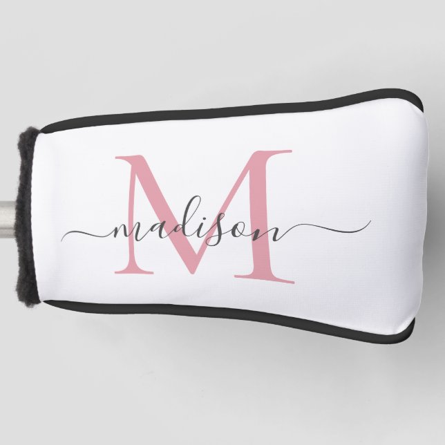 Simple Blush Pink Grey Monogram Feminine Script Golf Head Cover (Front)