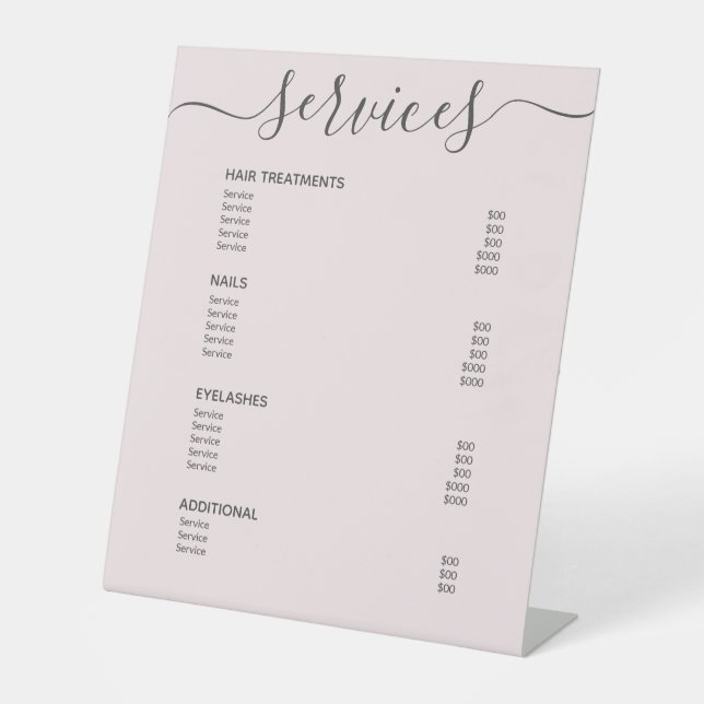 Simple Blush Pink Hair Stylist Service Price List Pedestal Sign (Front)