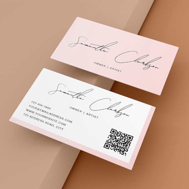 Simple Blush Pink Handwritten Script QR code Business Card (Creator Uploaded)