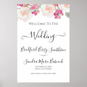 Simple Blush Pink Raspberry  Floral Wedding Sign