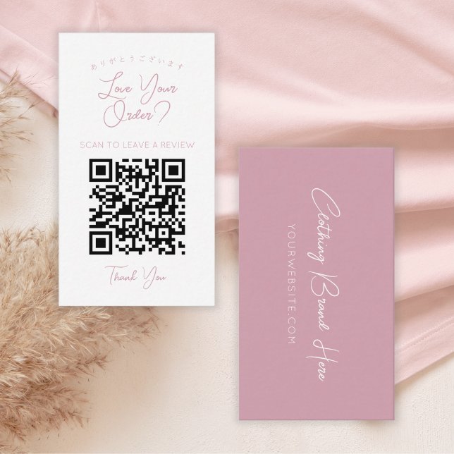 Simple Blush Pink Script QR Code Leave a Review  Business Card (Creator Uploaded)