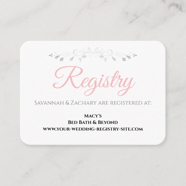 Simple Blush Pink Silver Flourish Wedding Registry Enclosure Card (Front)