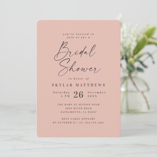 Simple Blush Pink Solid Colour Bridal Shower Invitation (Standing Front)