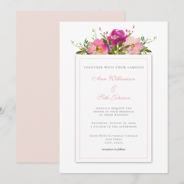 Simple Blush Pink Watercolor Bouquet Wedding Invitation (Front/Back)