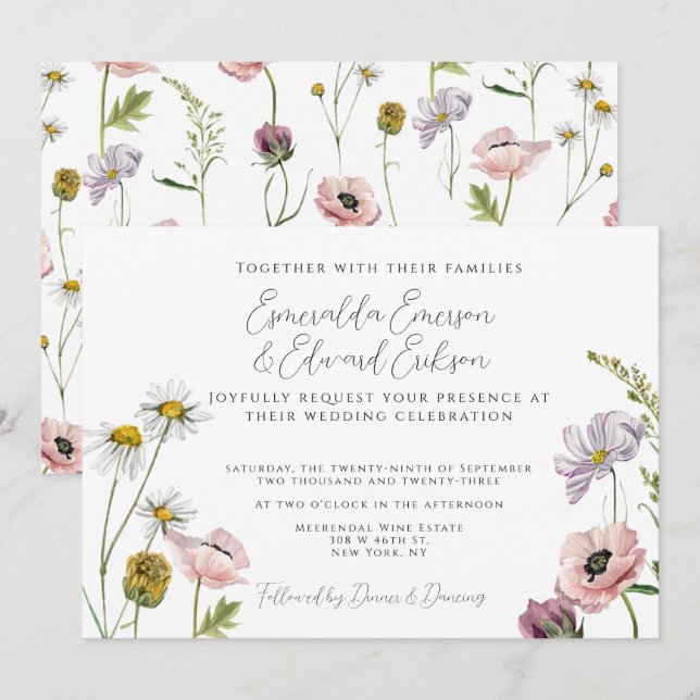 Simple Blush Pink Wild Flower Garden Wedding  Invitation (Front/Back)