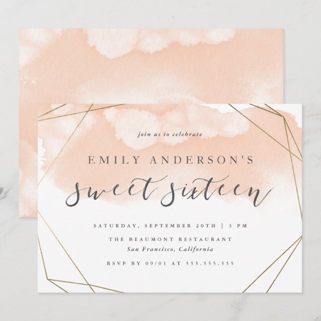 Simple Blush Watercolor Gold Geometric Sweet 16 Invitation (Front/Back)