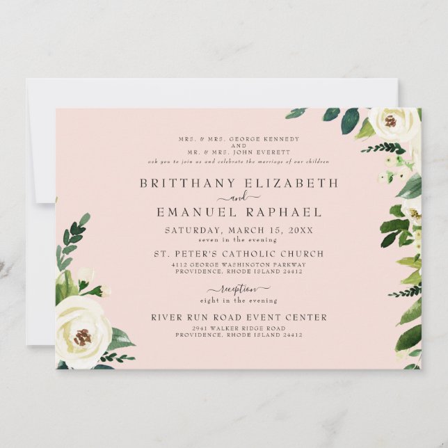 Simple Blush White Floral Both Parents Wedding  Invitation (Front)
