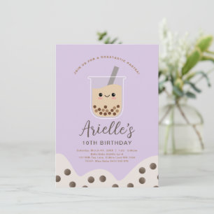 Simple Boba Bubble Milk Tea Purple Birthday Invitation