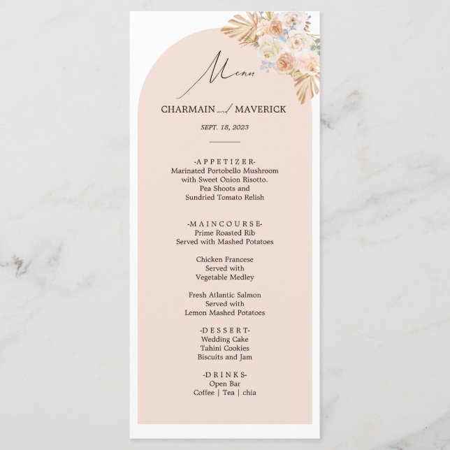 Simple Bohemian Arch Pampas Grass Wedding Menu (Front)