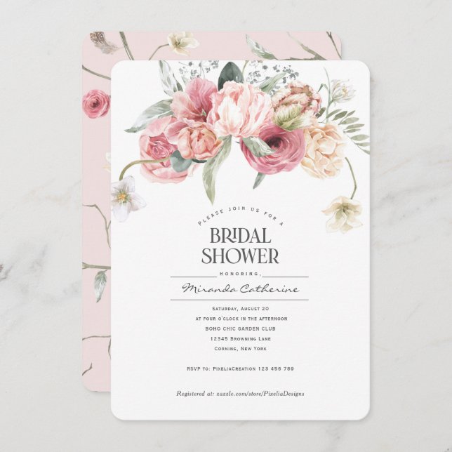 Simple bohemian floral style chic garden bridal  invitation (Front/Back)