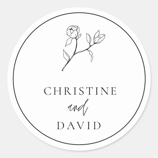 Simple Bohemian Wedding floral black and white Classic Round Sticker (Front)